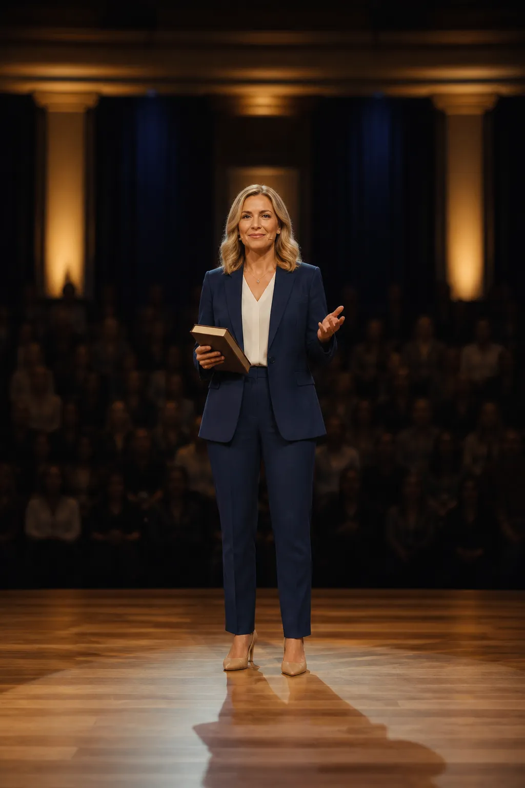 Published author speaking from a stage with their book