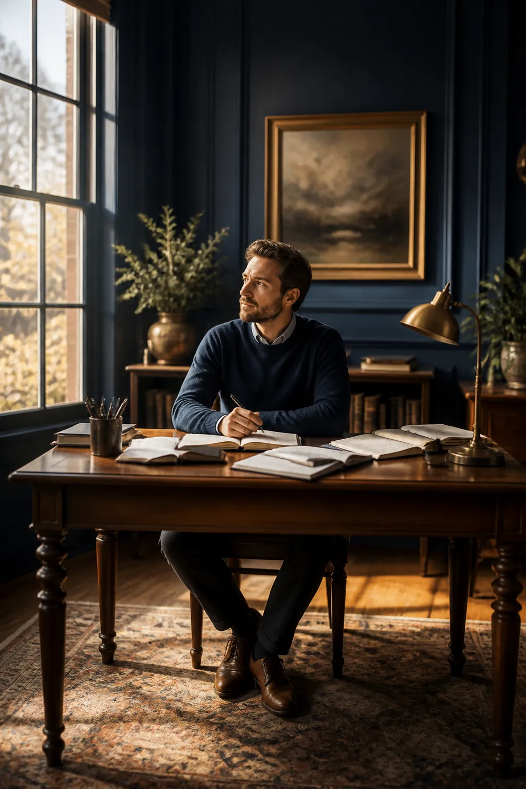 Expert professional at a writing desk, contemplating their book idea